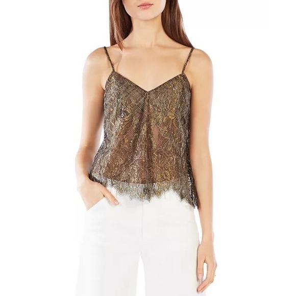 BCBGMAXAZRIA Metallic Gold Lace Cami Top Sleeveless Sheer Mesh V-Neck XXS Party - Picture 1 of 9